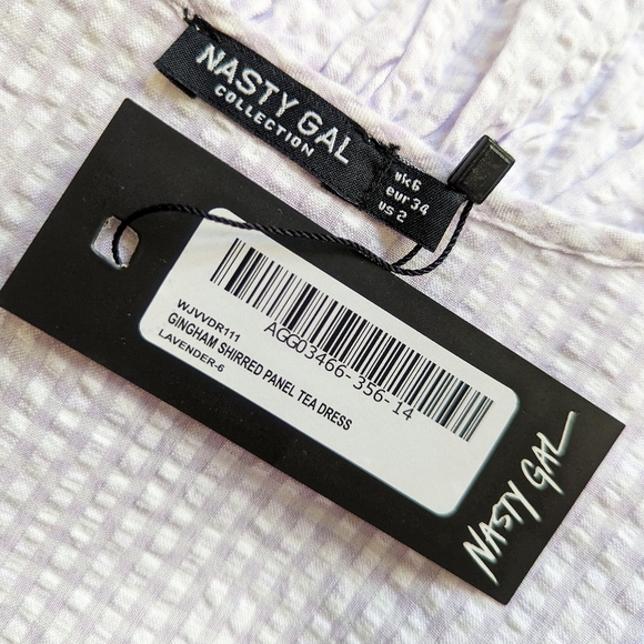 NASTY GAL Gingham Print Tiered Smocked Ruffle Hem Mini Dress in Lavender Size 2 - Picture 11 of 13